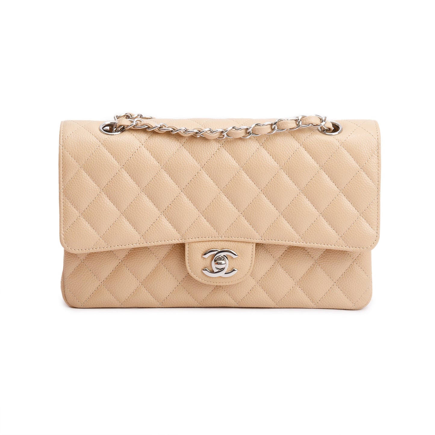 Chanel Beige Quilted Caviar Leather Classic Medium Double Flap Bag