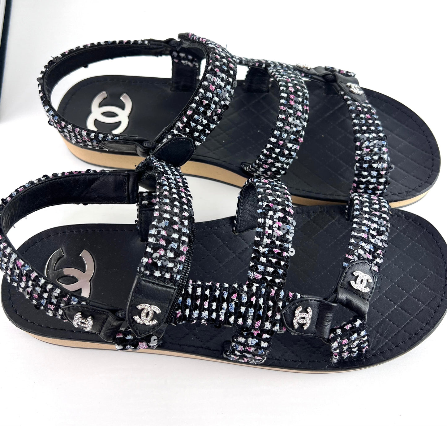 Chanel Tweed Lambskin Crystal CC Sandals Black Multicolor