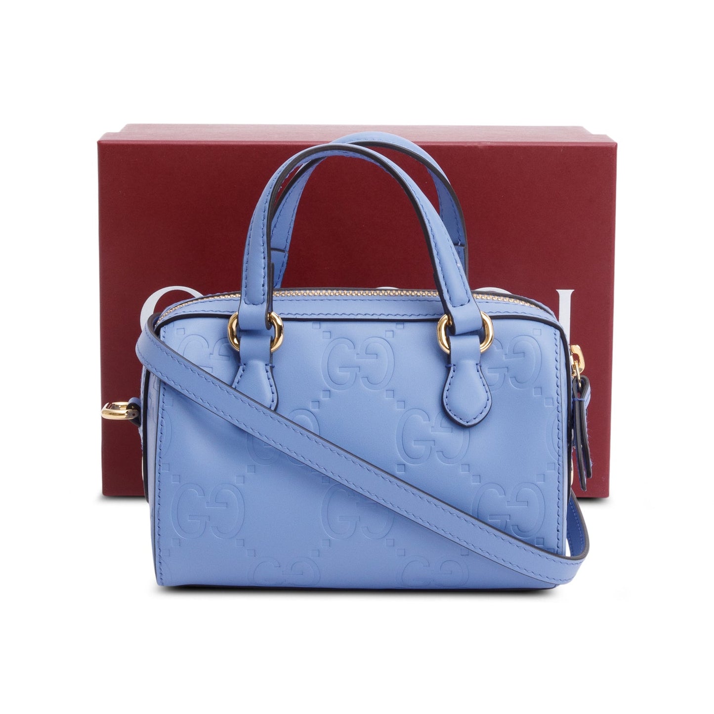 Gucci Blue Embossed GG Calfskin Leather Mini Boston Top Handle Bag