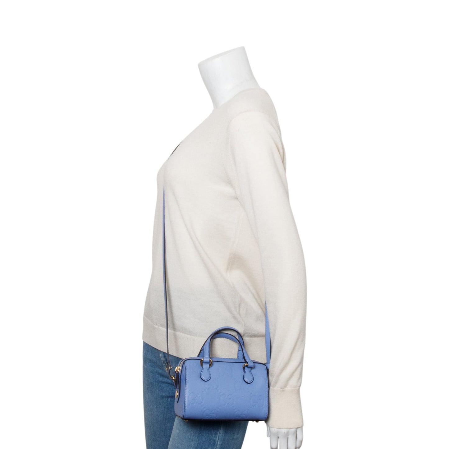 Gucci Blue Embossed GG Calfskin Leather Mini Boston Top Handle Bag