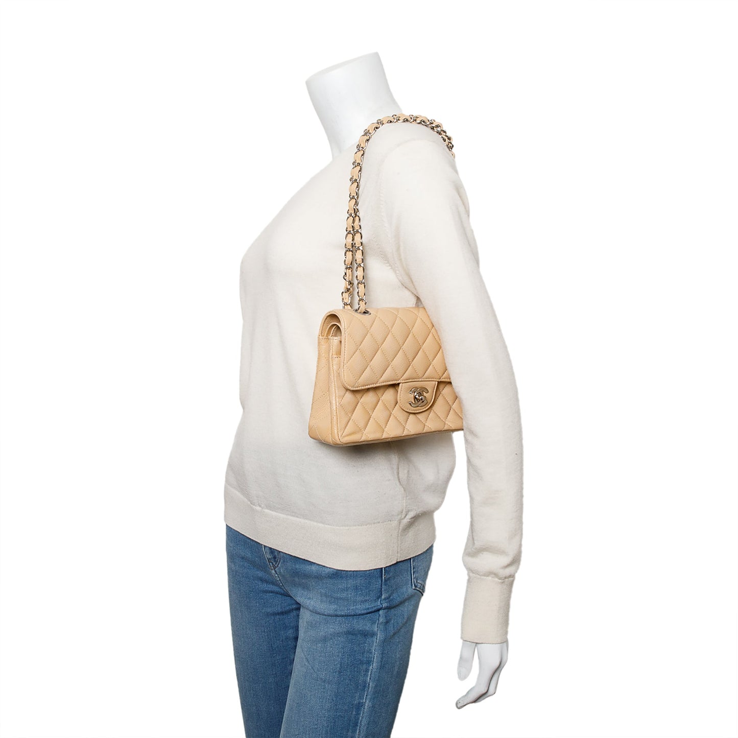 Chanel Beige Quilted Caviar Leather Classic Small Double Flap Bag