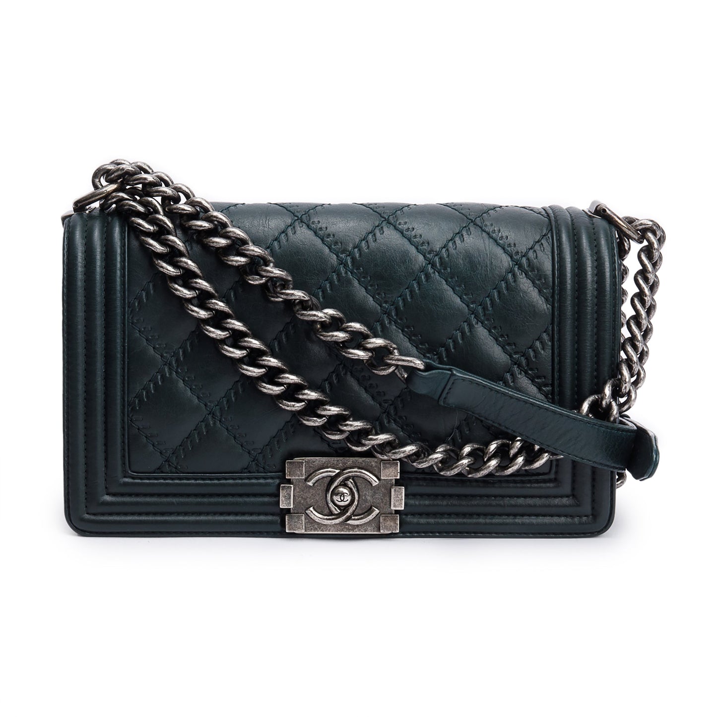 Chanel Green Calfskin Leather Wild Stitch Medium Boy Bag