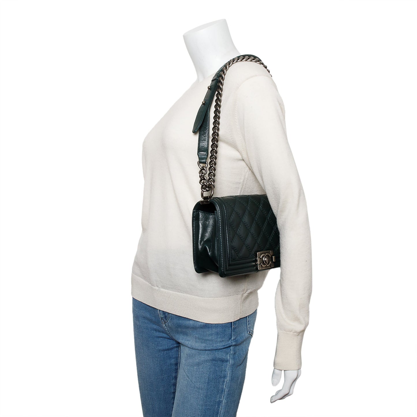 Chanel Green Calfskin Leather Wild Stitch Medium Boy Bag