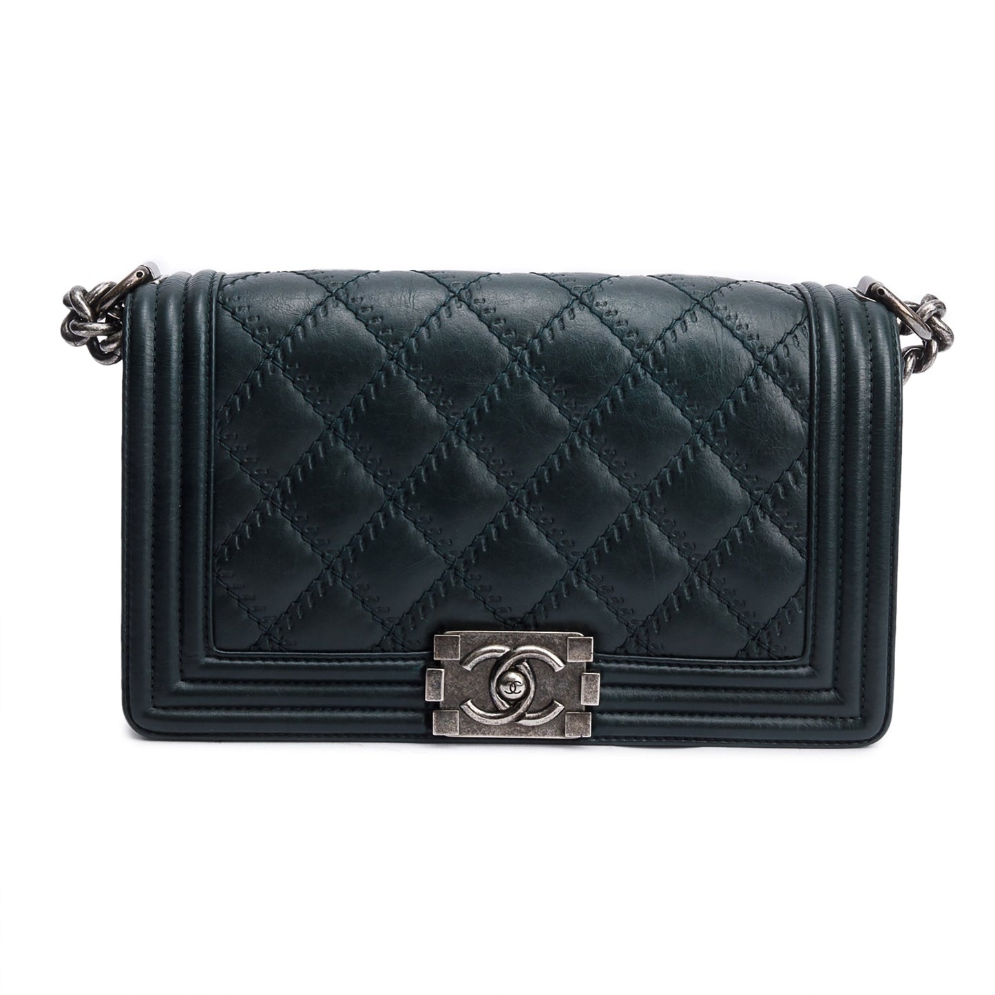 Chanel Green Calfskin Leather Wild Stitch Medium Boy Bag