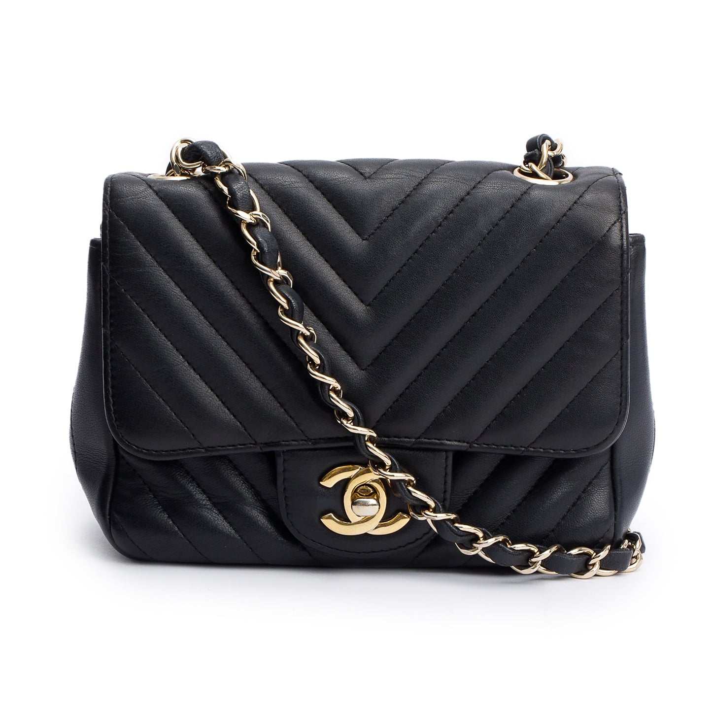 Chanel Black Chevron Quilted Lambskin Leather Classic Square Mini Flap Bag