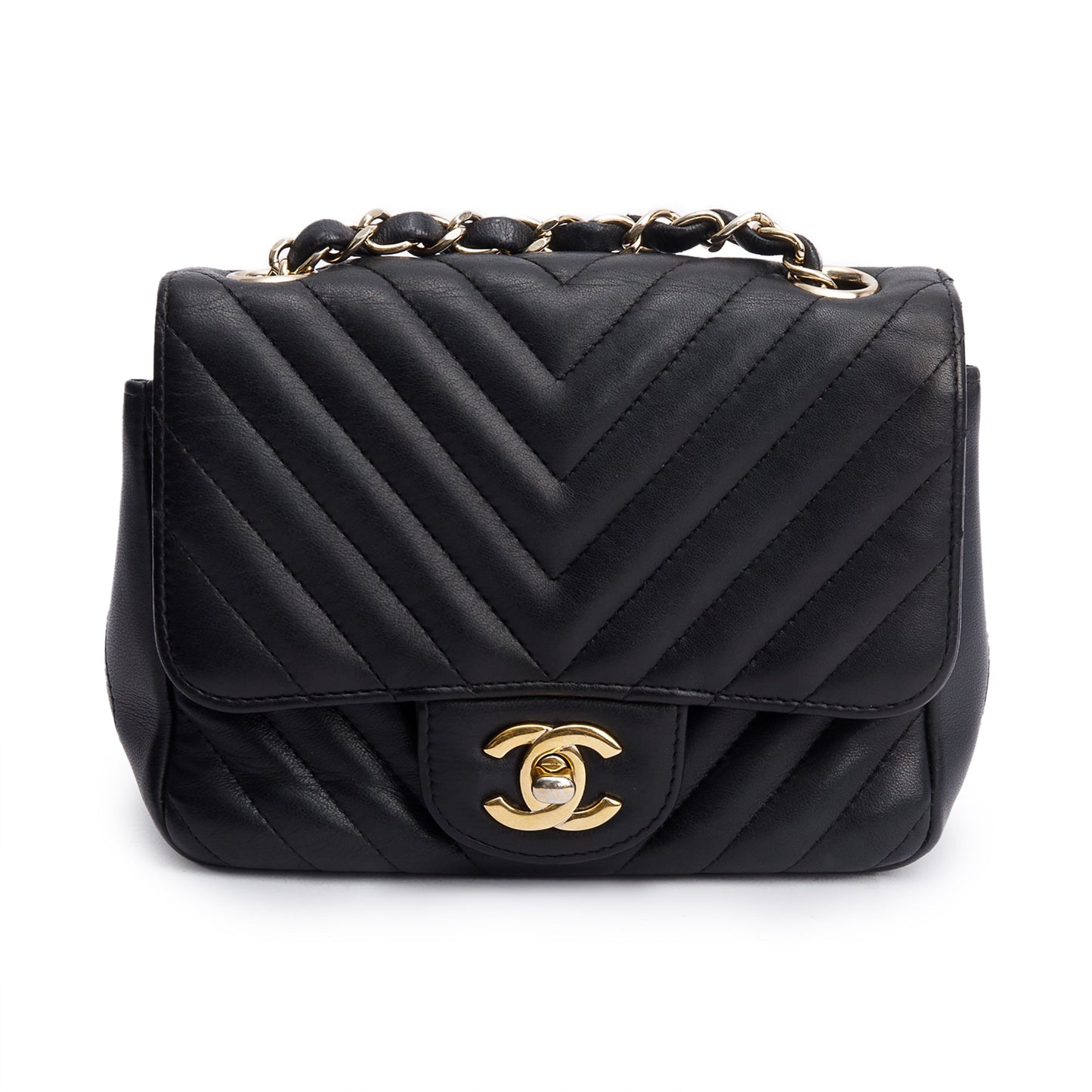 Chanel Black Chevron Quilted Lambskin Leather Classic Square Mini Flap Bag