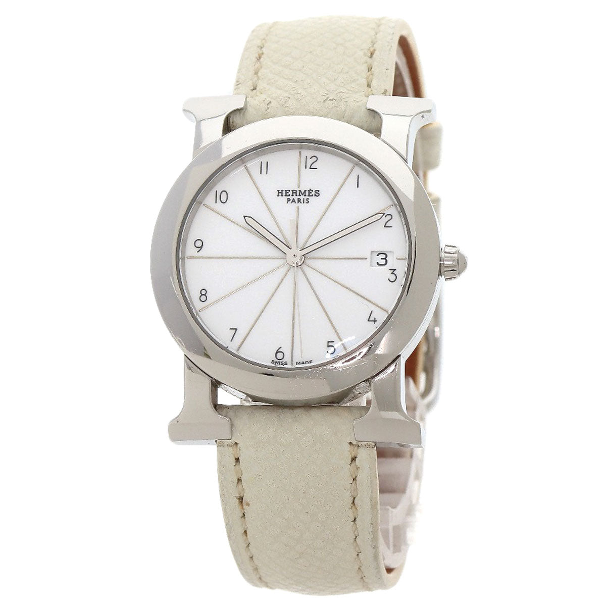 HERMES Watches Quartz HR1.510 Stainless Steel, Leather Silver H watch Rondo white dial Women