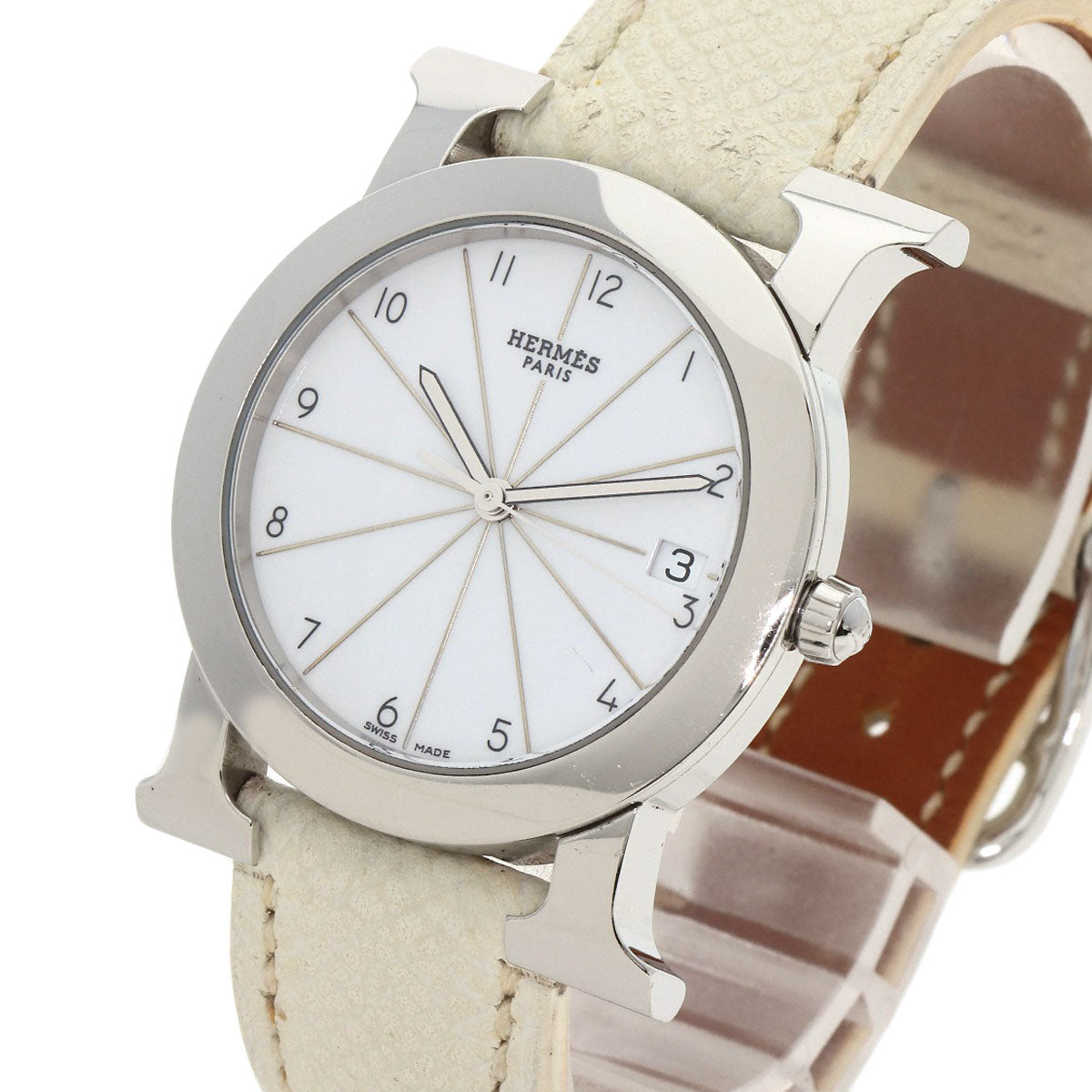 HERMES Watches Quartz HR1.510 Stainless Steel, Leather Silver H watch Rondo white dial Women
