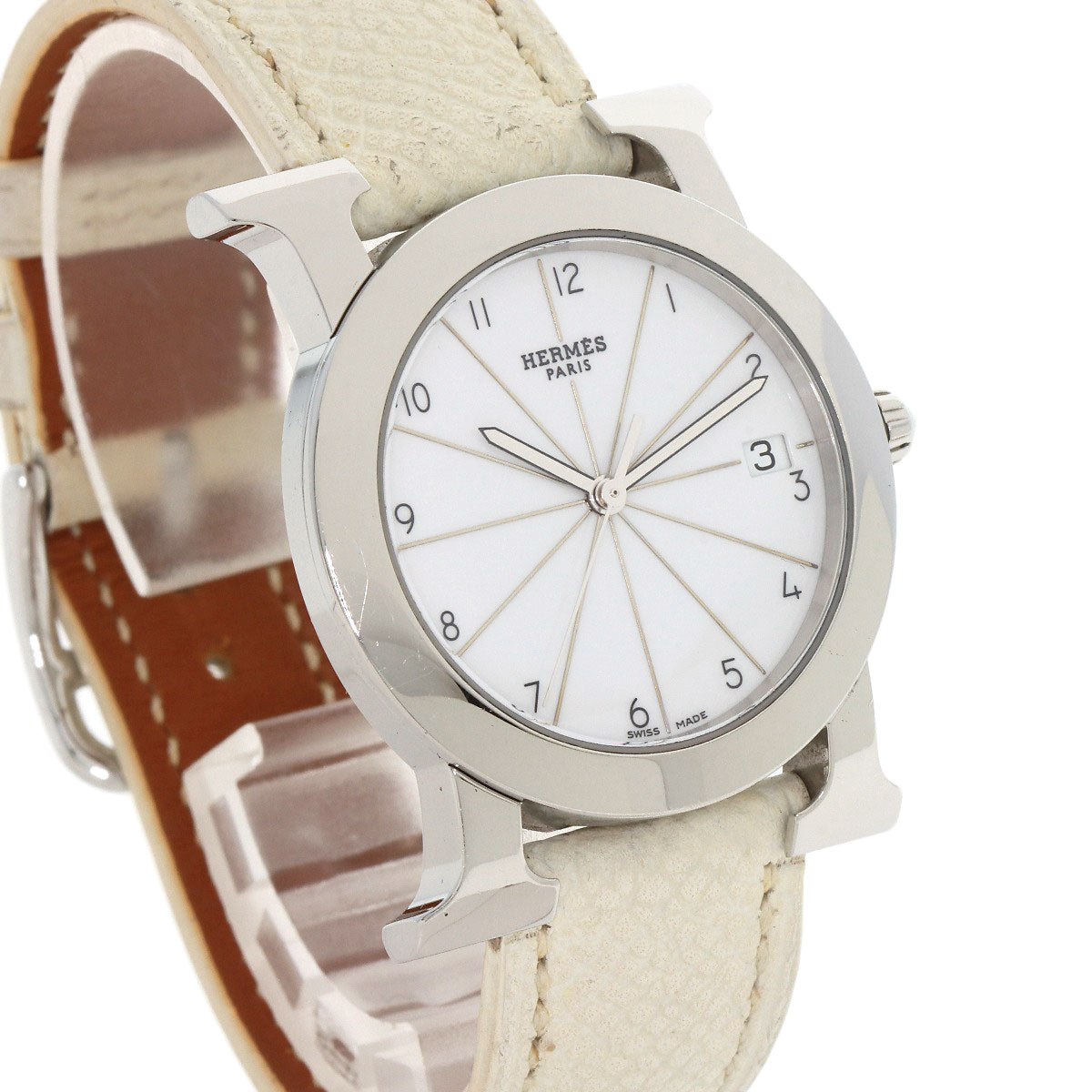 HERMES Watches Quartz HR1.510 Stainless Steel, Leather Silver H watch Rondo white dial Women