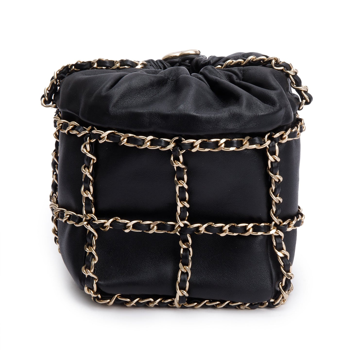 Chanel 2020 Black Lambskin Leather Chain Cage Bucket Bag
