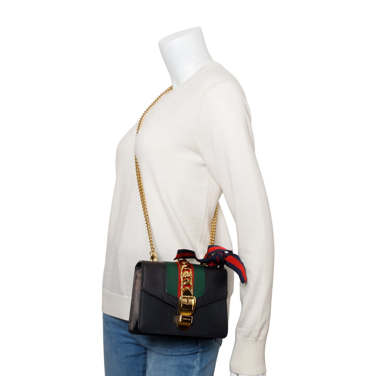 Gucci Black Calfskin Leather Web Mini Sylvie Chain Shoulder Bag