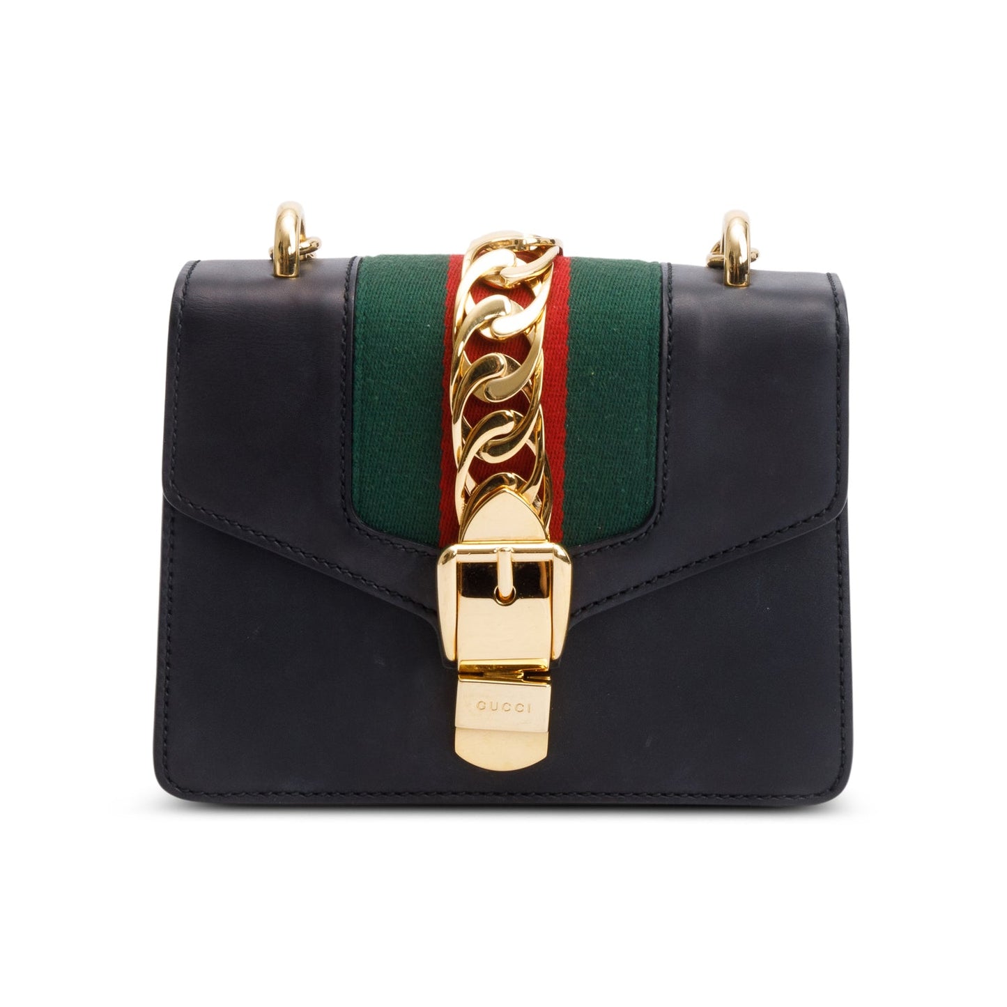 Gucci Black Calfskin Leather Web Mini Sylvie Chain Shoulder Bag