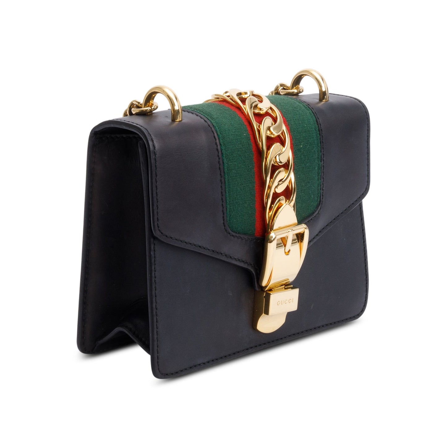 Gucci Black Calfskin Leather Web Mini Sylvie Chain Shoulder Bag