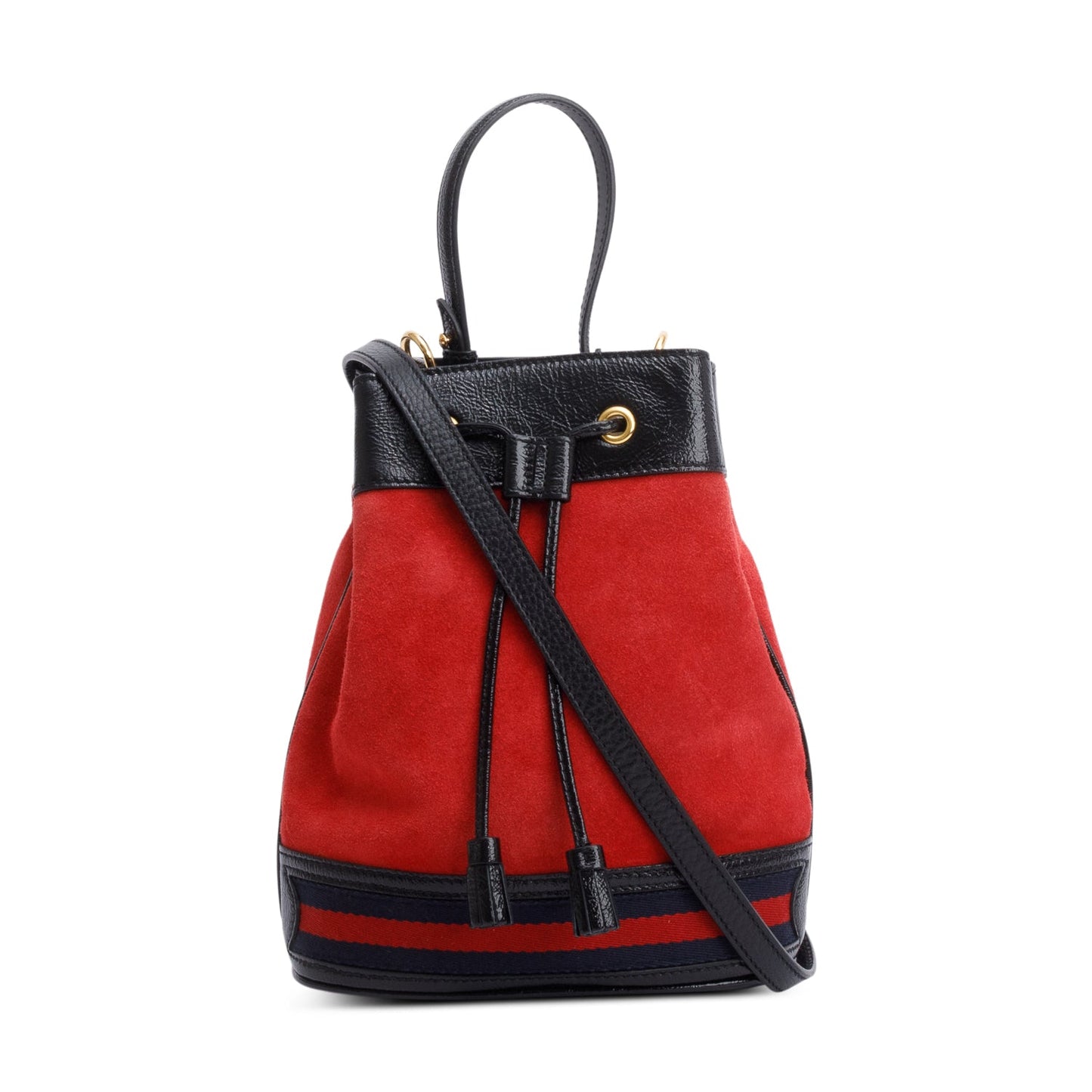 Gucci Red Suede Black Patent Leather Web Ophidia Small Bucket Bag