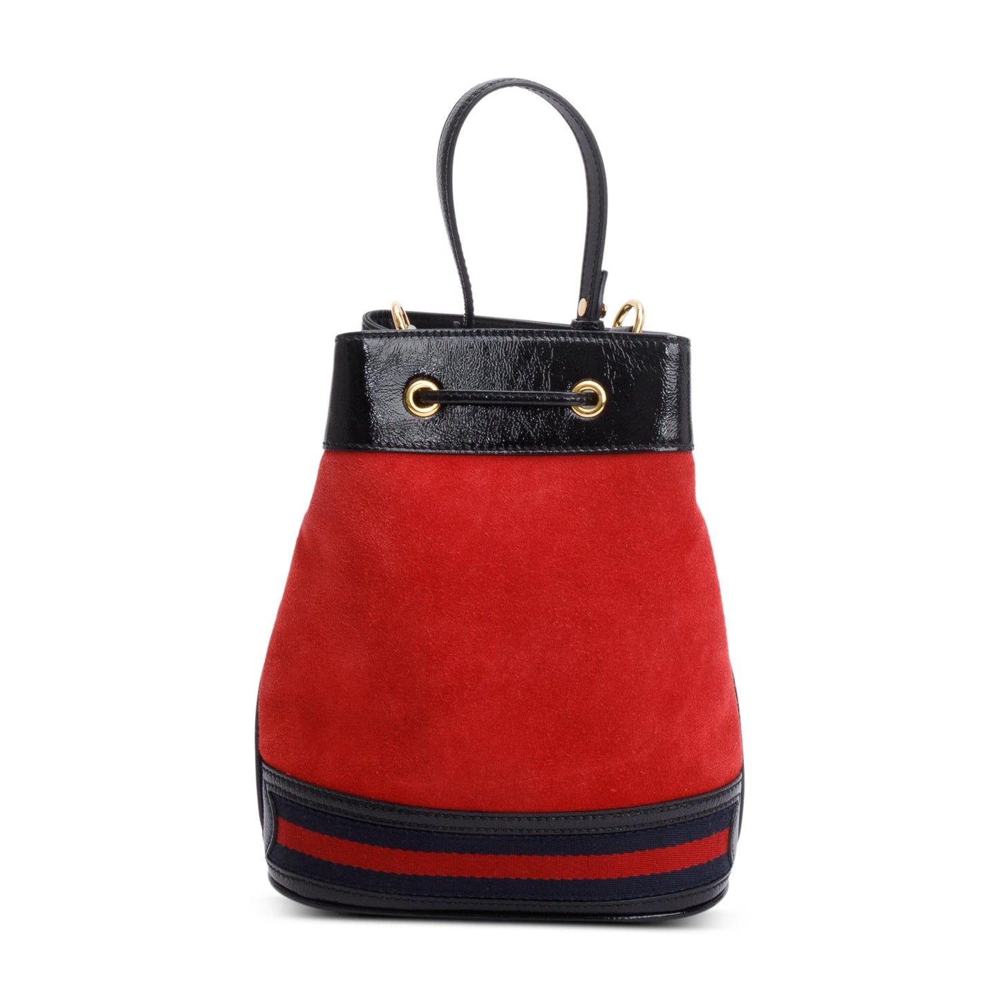 Gucci Red Suede Black Patent Leather Web Ophidia Small Bucket Bag
