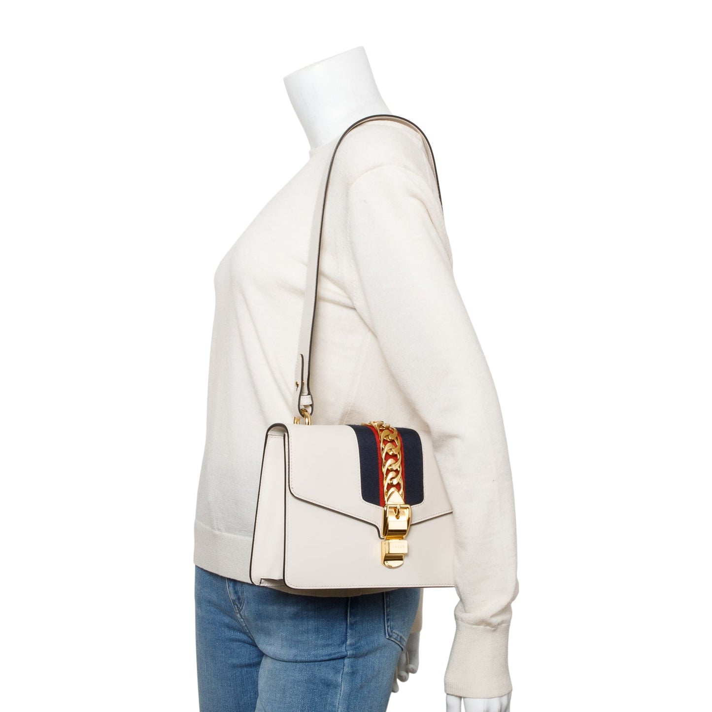 Gucci White Calfskin Leather Small Sylvie Handle Bag