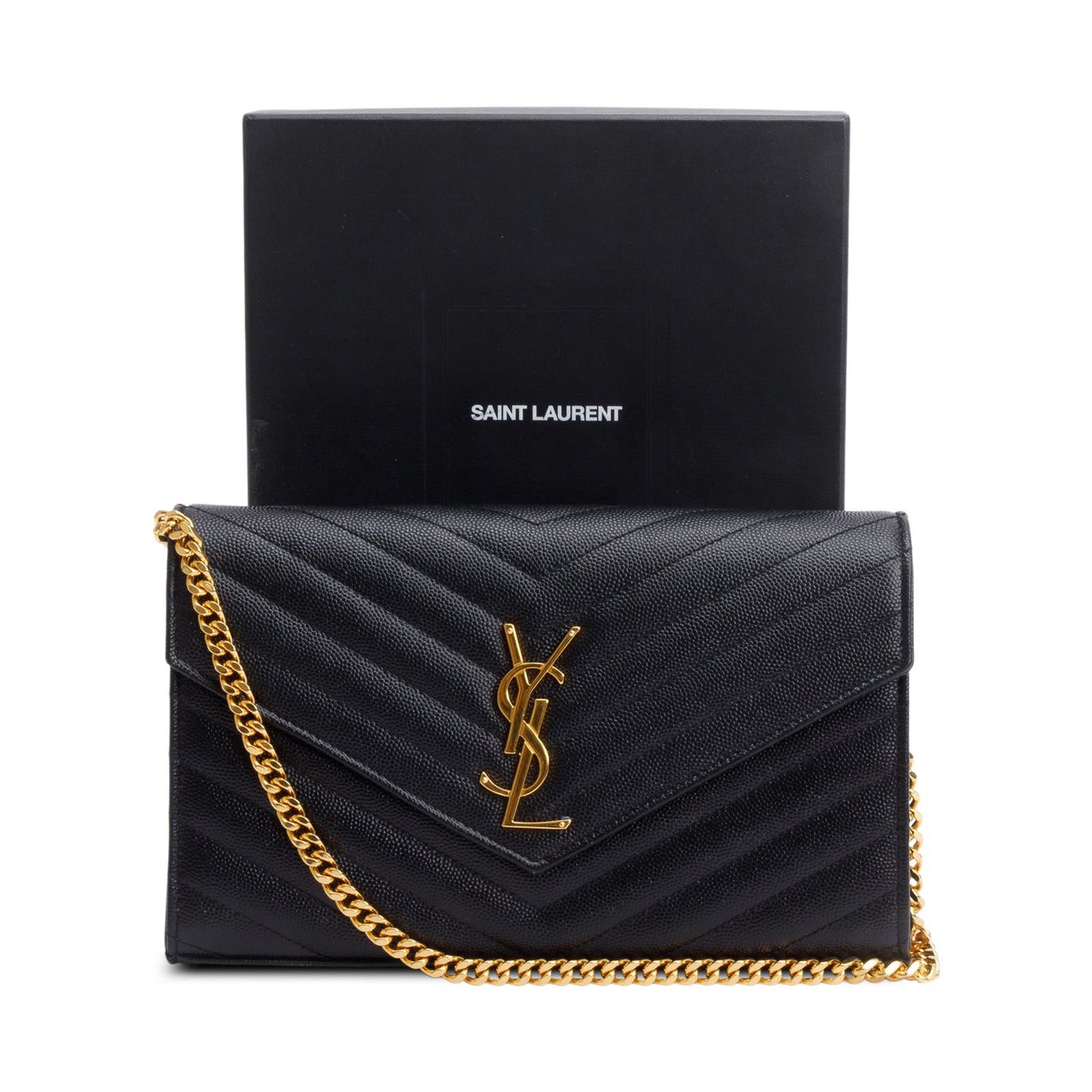 Saint Laurent Black Grain De Poudre Leather Cassandre Envelope Chain Wallet