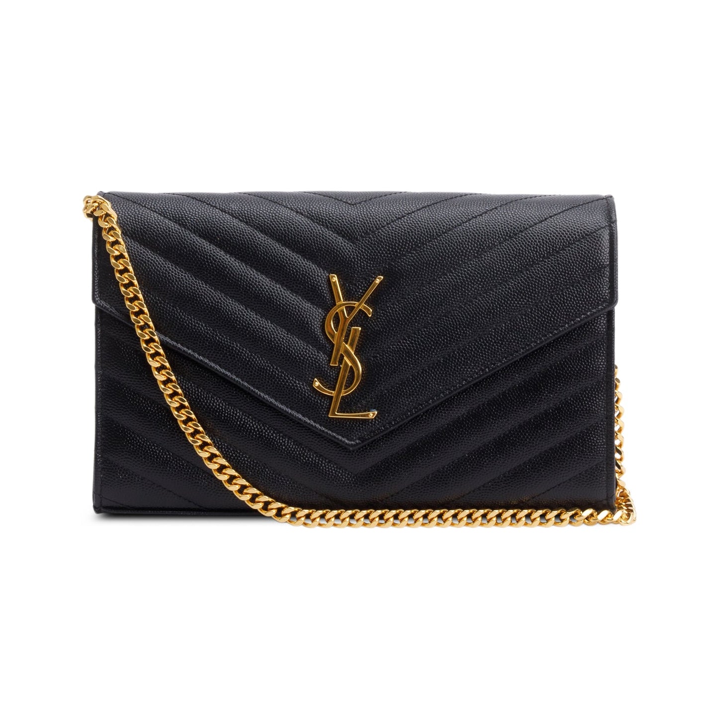 Saint Laurent Black Grain De Poudre Leather Cassandre Envelope Chain Wallet