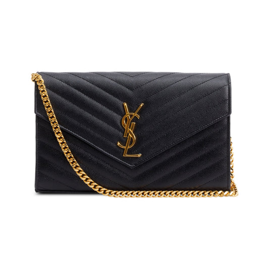 Saint Laurent Black Grain De Poudre Leather Cassandre Envelope Chain Wallet