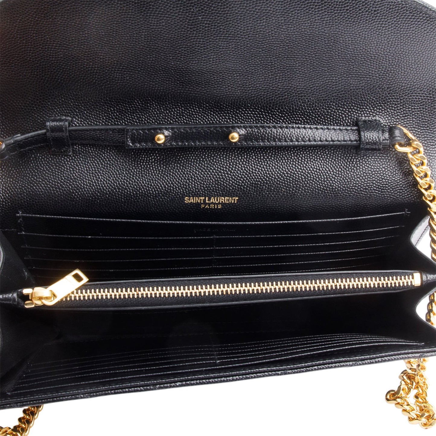 Saint Laurent Black Grain De Poudre Leather Cassandre Envelope Chain Wallet