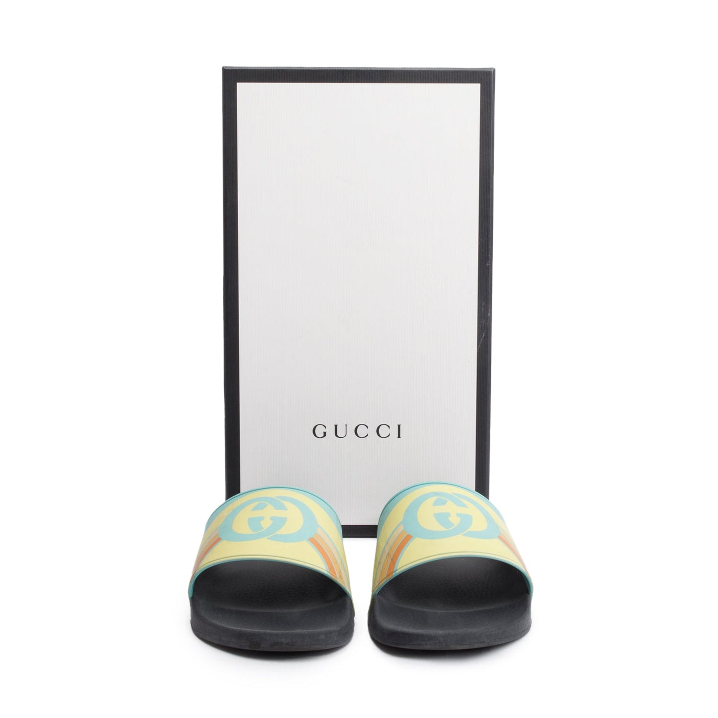 Gucci Black Multicolor Rubber Pursuit Interlocking G Logo Slides , Size 8