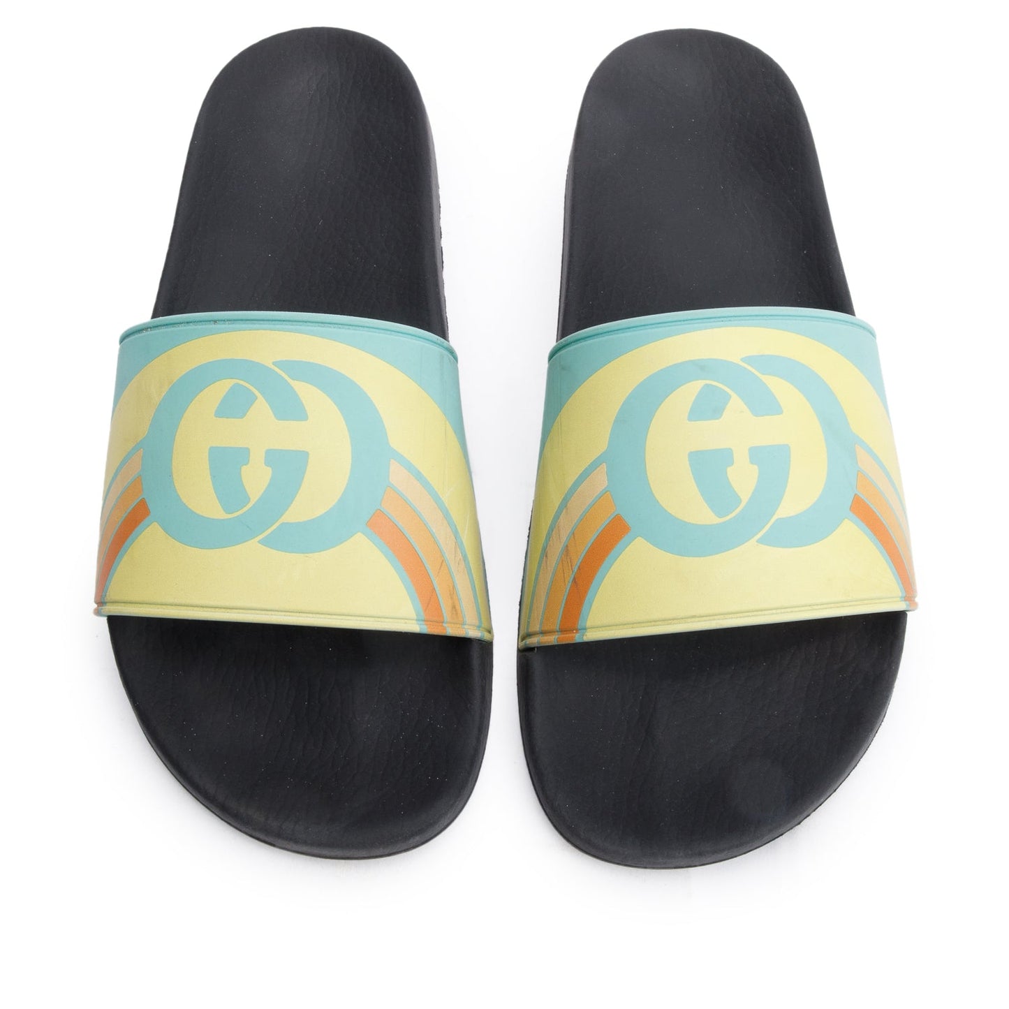 Gucci Black Multicolor Rubber Pursuit Interlocking G Logo Slides , Size 8