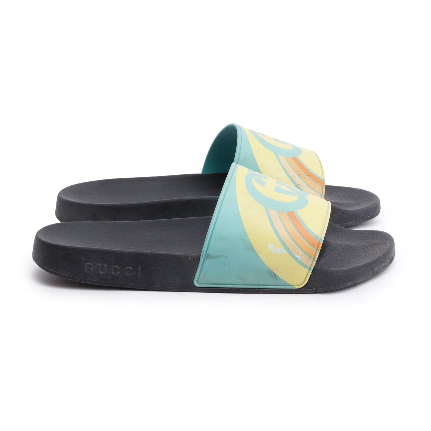 Gucci Black Multicolor Rubber Pursuit Interlocking G Logo Slides , Size 8