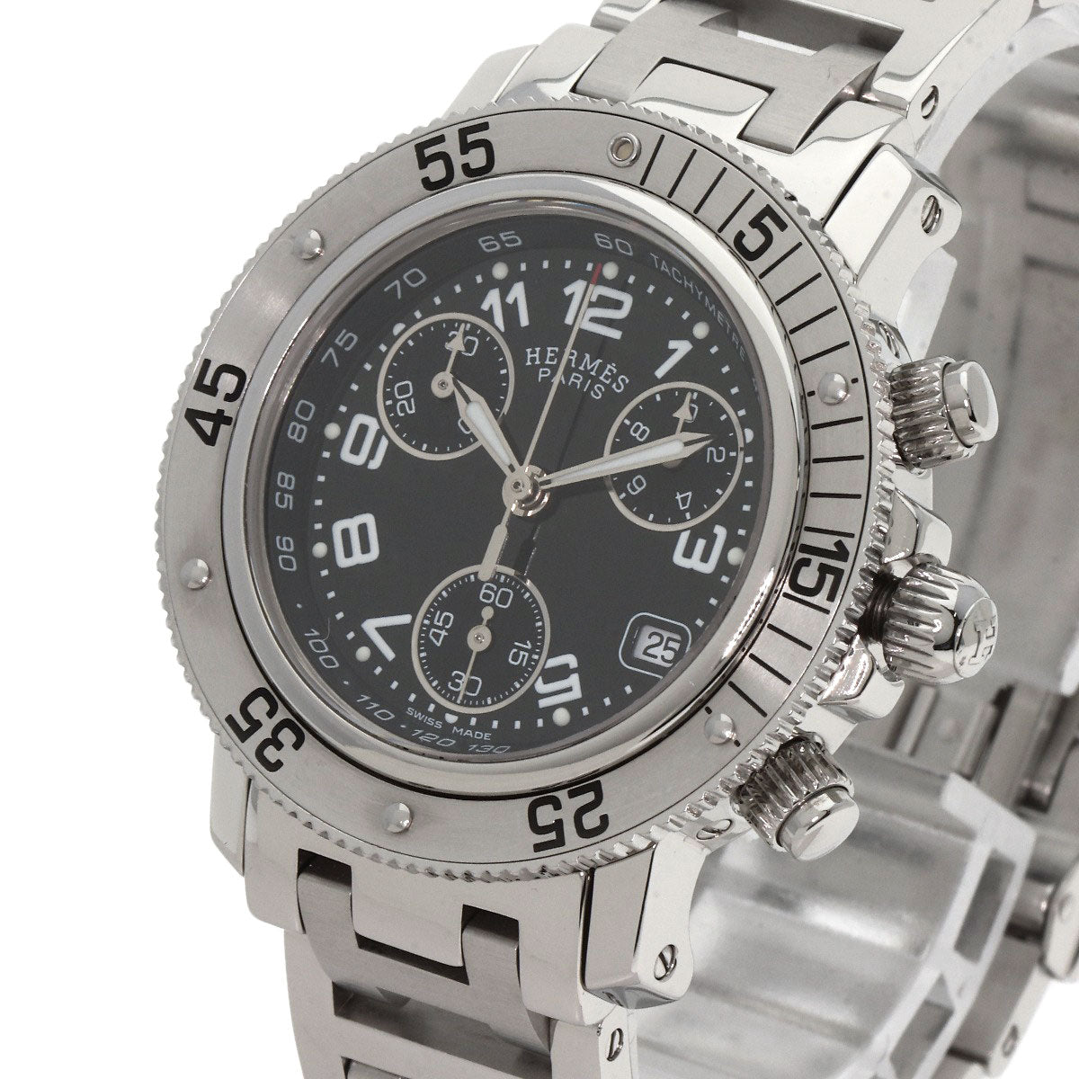 HERMES Watches Quartz CL2.310 Stainless Steel , Stainless Steel Silver Clipper Diver Chronograph black dial Women