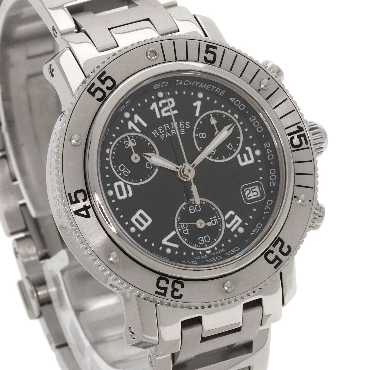 HERMES Watches Quartz CL2.310 Stainless Steel , Stainless Steel Silver Clipper Diver Chronograph black dial Women