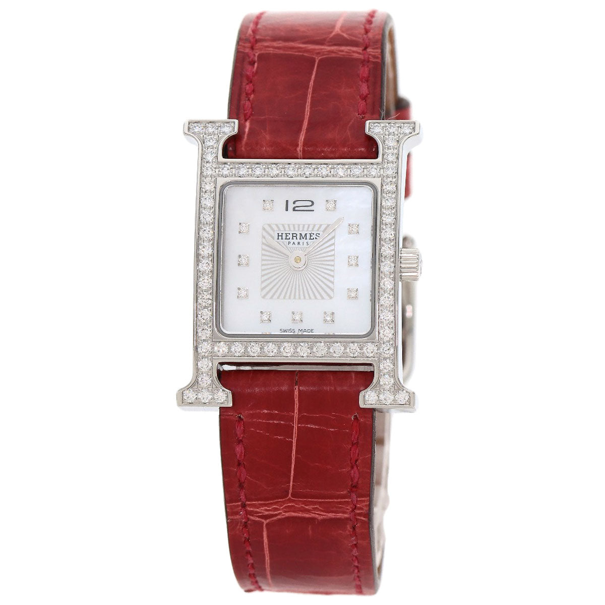 HERMES Watches Quartz HH1.230 Stainless Steel, Leather Silver H Watch Bezel Diamond White shell dial Women