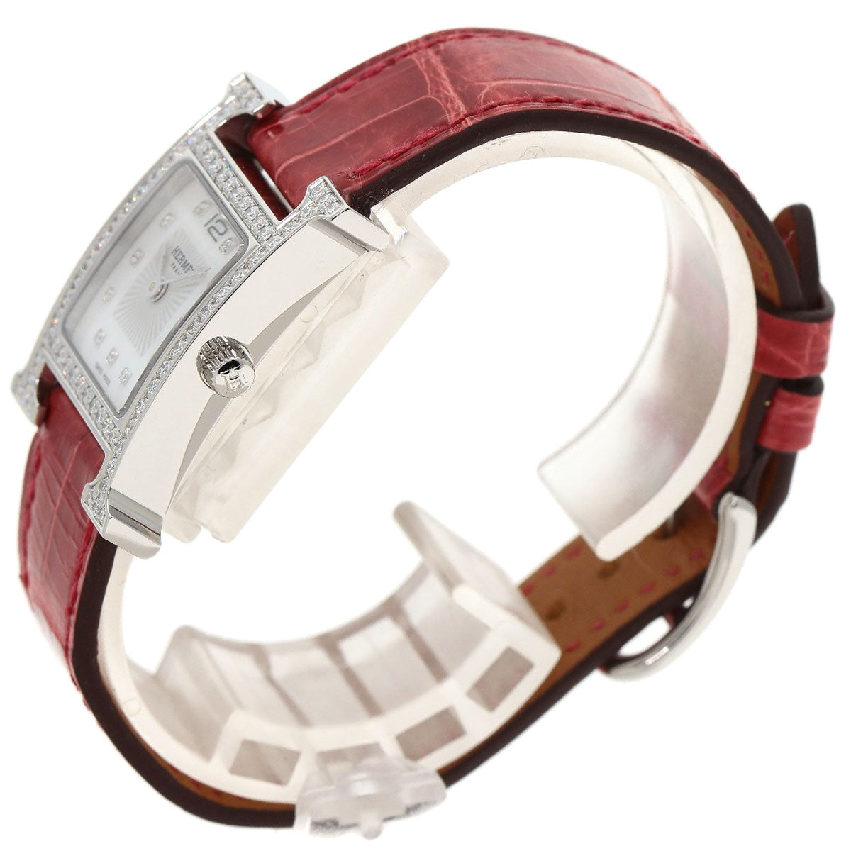 HERMES Watches Quartz HH1.230 Stainless Steel, Leather Silver H Watch Bezel Diamond White shell dial Women