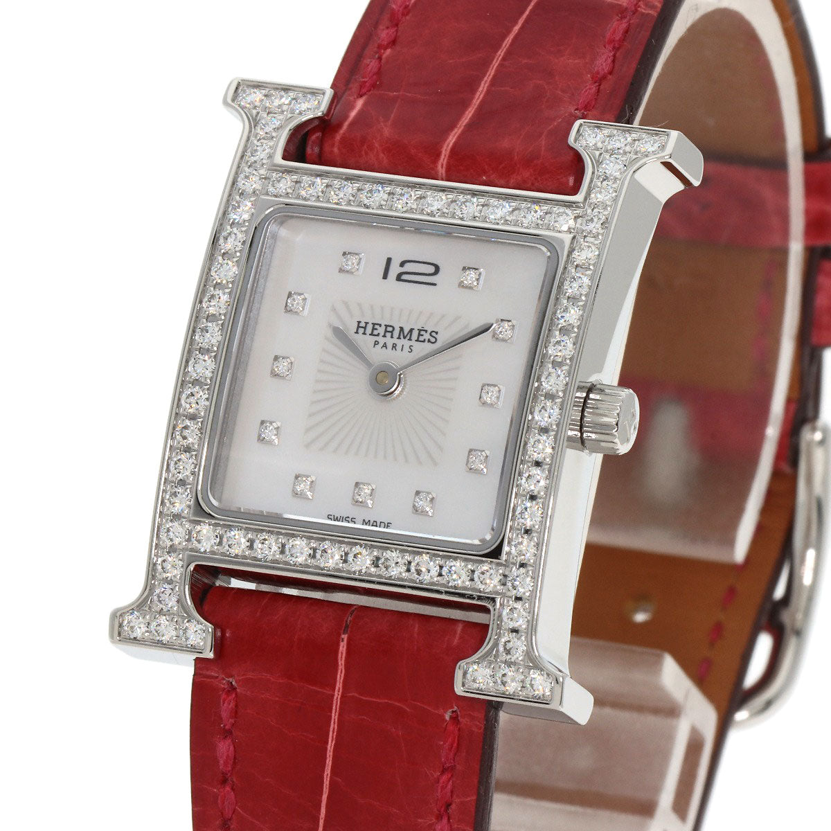HERMES Watches Quartz HH1.230 Stainless Steel, Leather Silver H Watch Bezel Diamond White shell dial Women