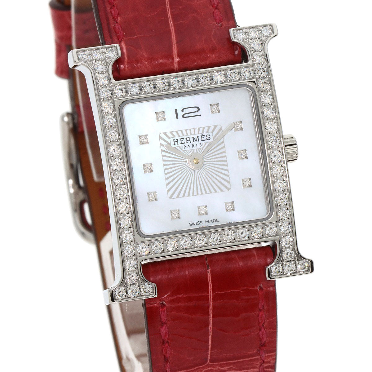 HERMES Watches Quartz HH1.230 Stainless Steel, Leather Silver H Watch Bezel Diamond White shell dial Women