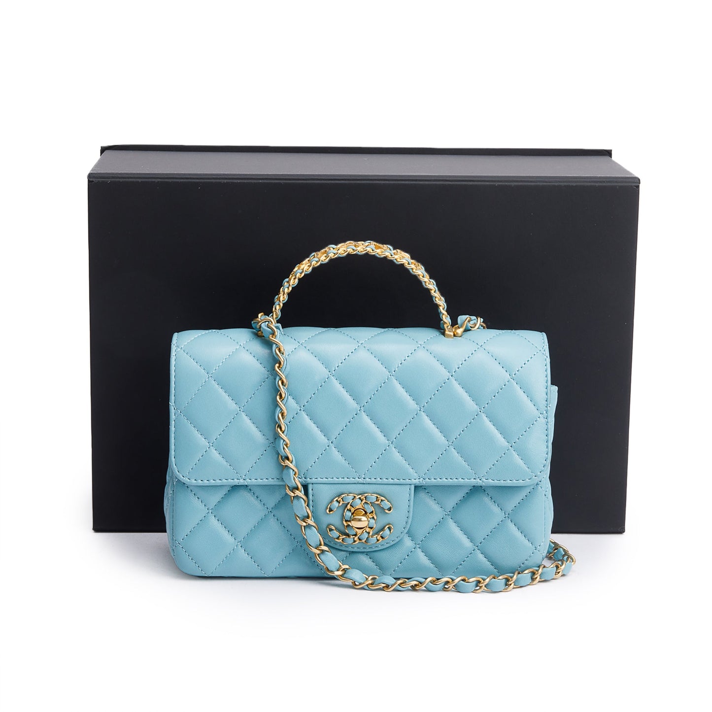 Chanel Turquoise Quilted Lambskin Leather Rectangular Mini Crystal Top Flap Bag