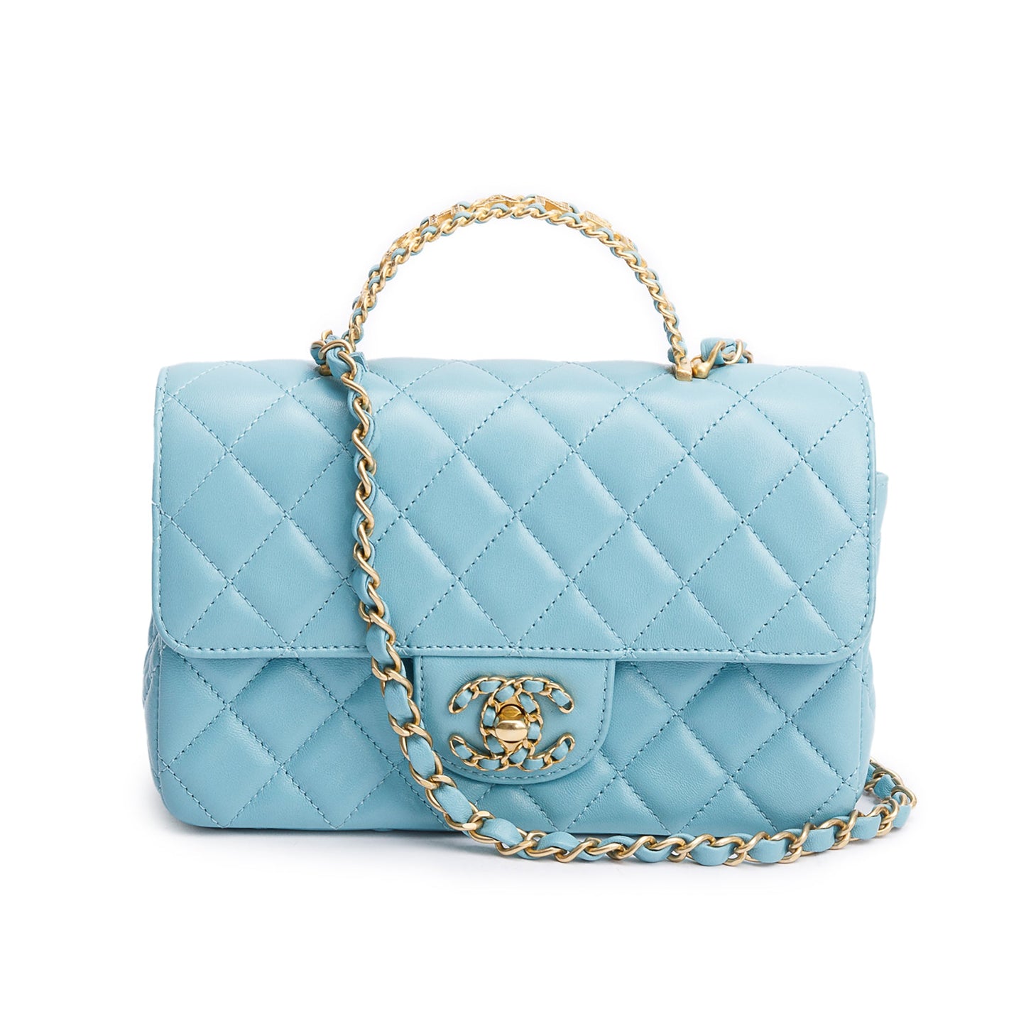 Chanel Turquoise Quilted Lambskin Leather Rectangular Mini Crystal Top Flap Bag