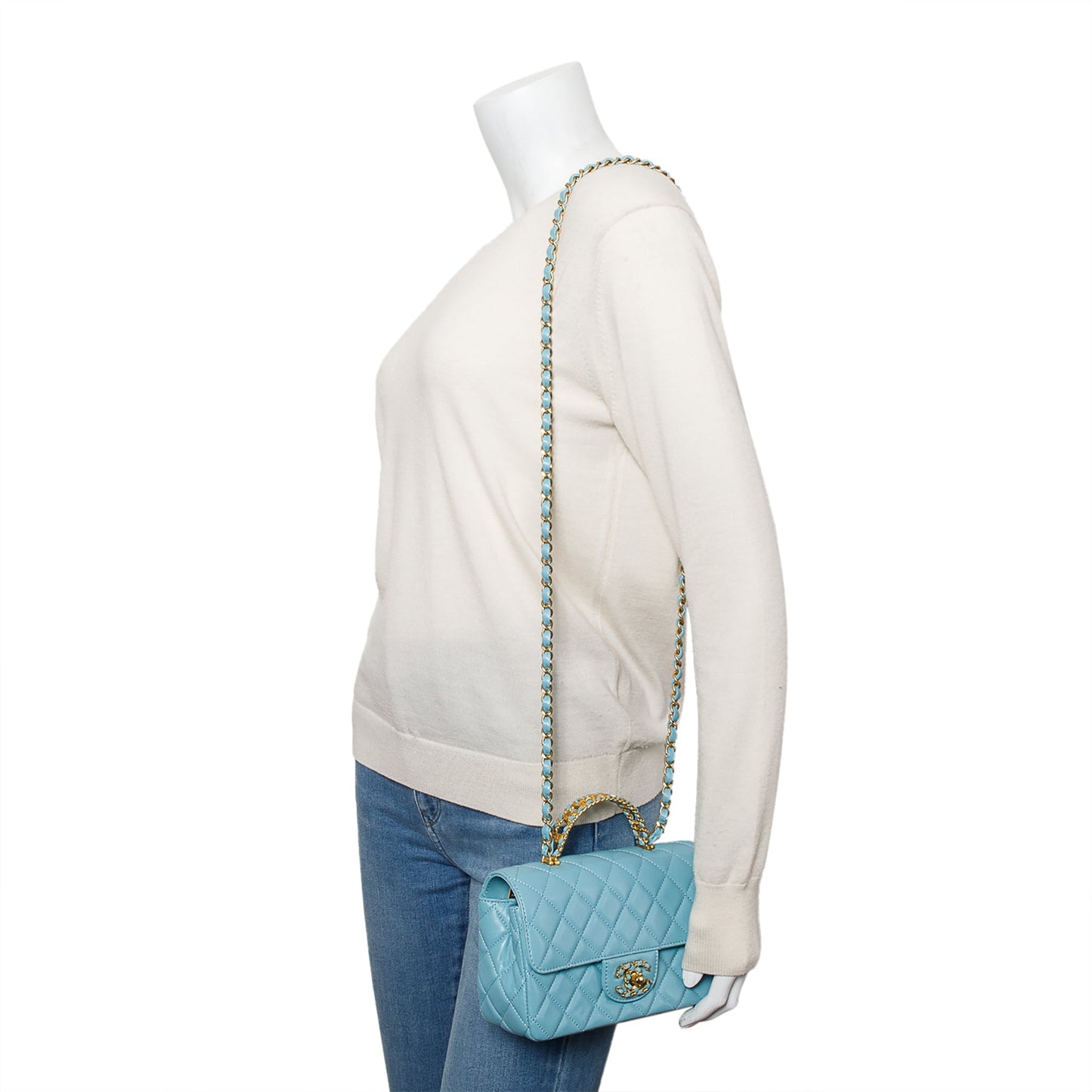 Chanel Turquoise Quilted Lambskin Leather Rectangular Mini Crystal Top Flap Bag