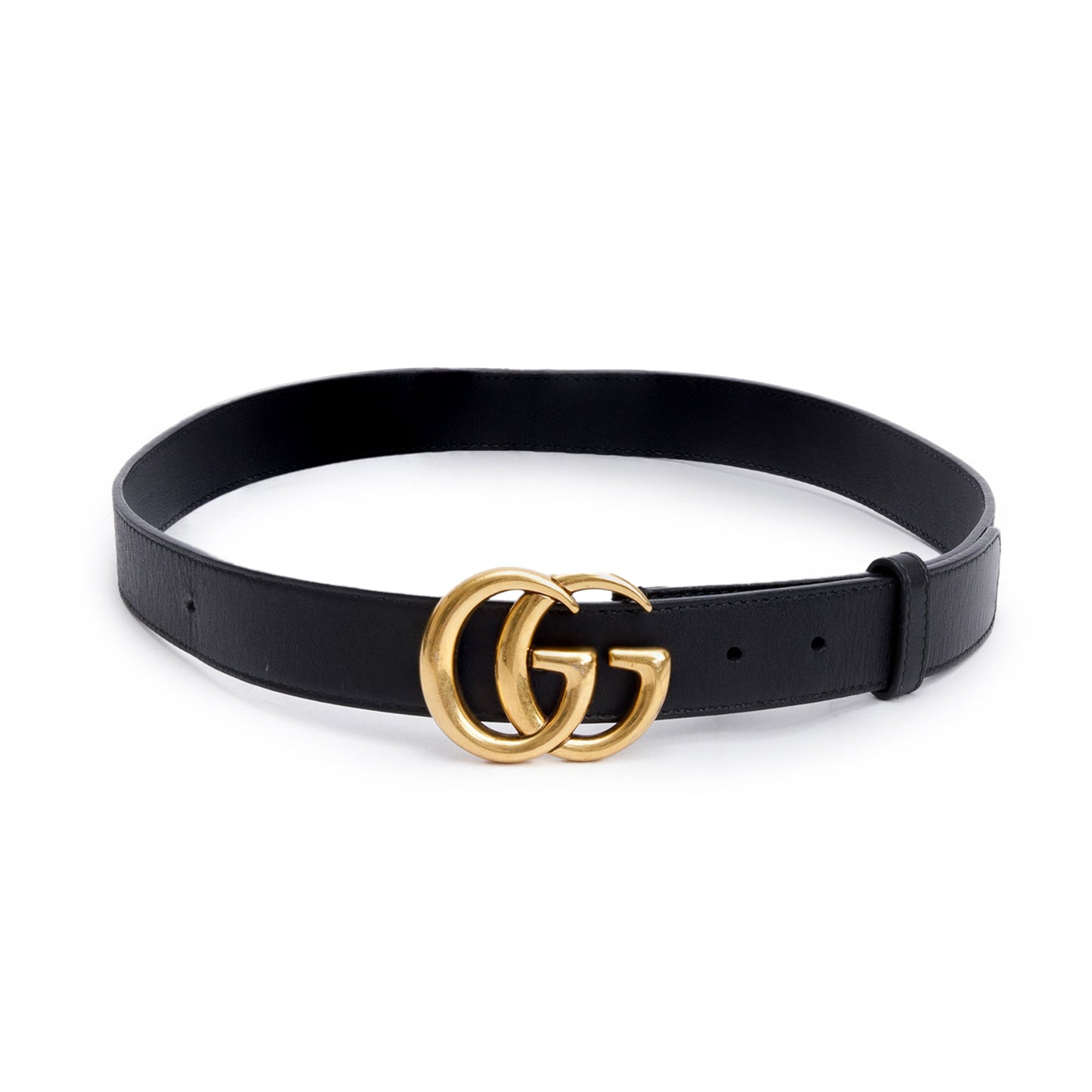 Gucci Black Leather GG Marmont Thin Belt with Shiny Buckle, 85 34