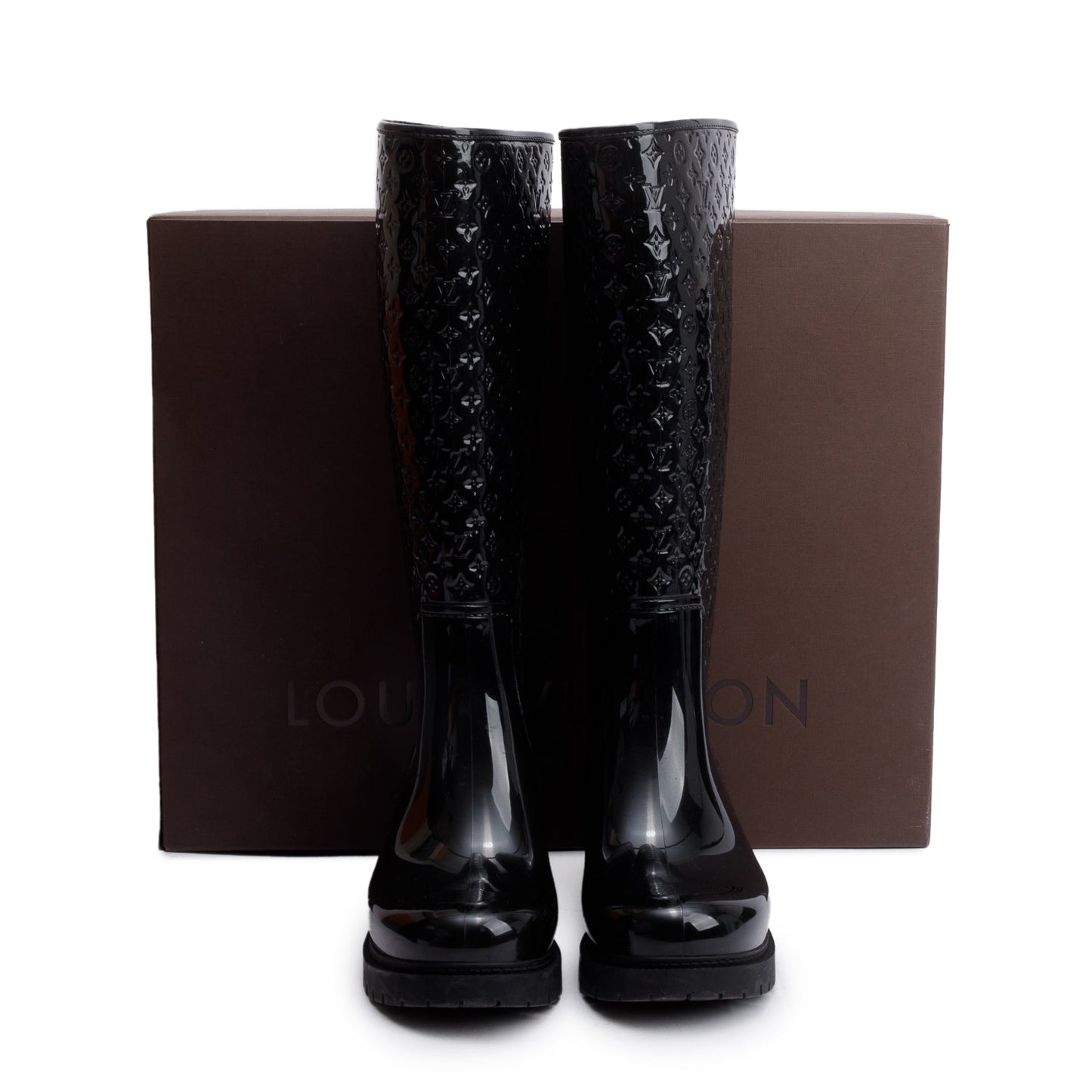Louis Vuitton Black Monogram Rubber High Rain Boots, Size 36