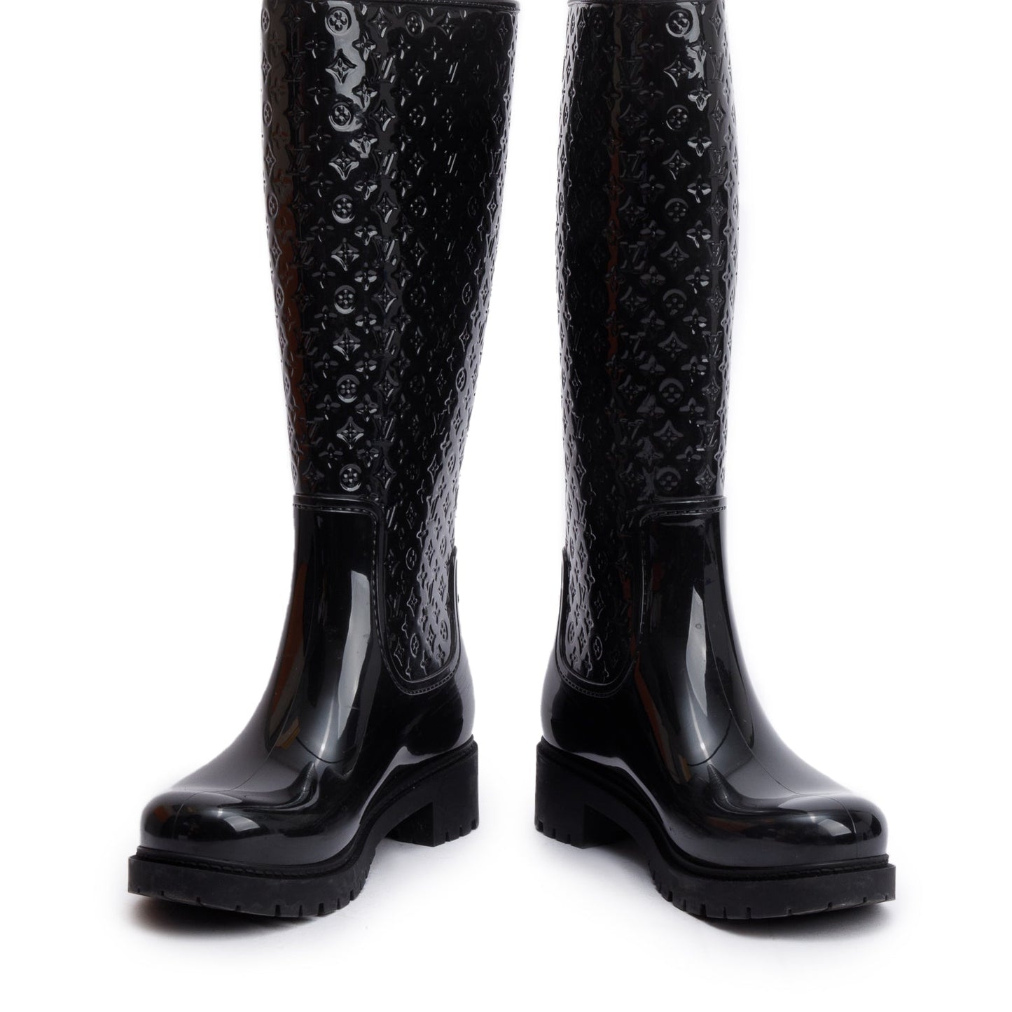 Louis Vuitton Black Monogram Rubber High Rain Boots, Size 36