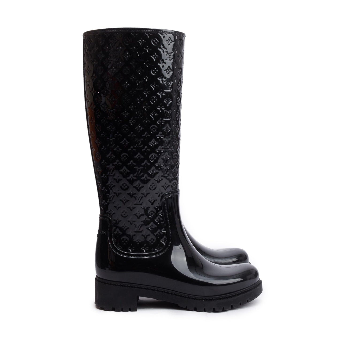 Louis Vuitton Black Monogram Rubber High Rain Boots, Size 36