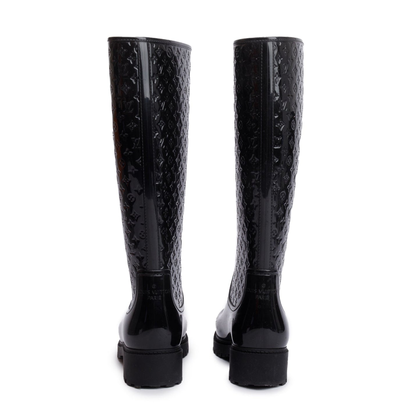Louis Vuitton Black Monogram Rubber High Rain Boots, Size 36