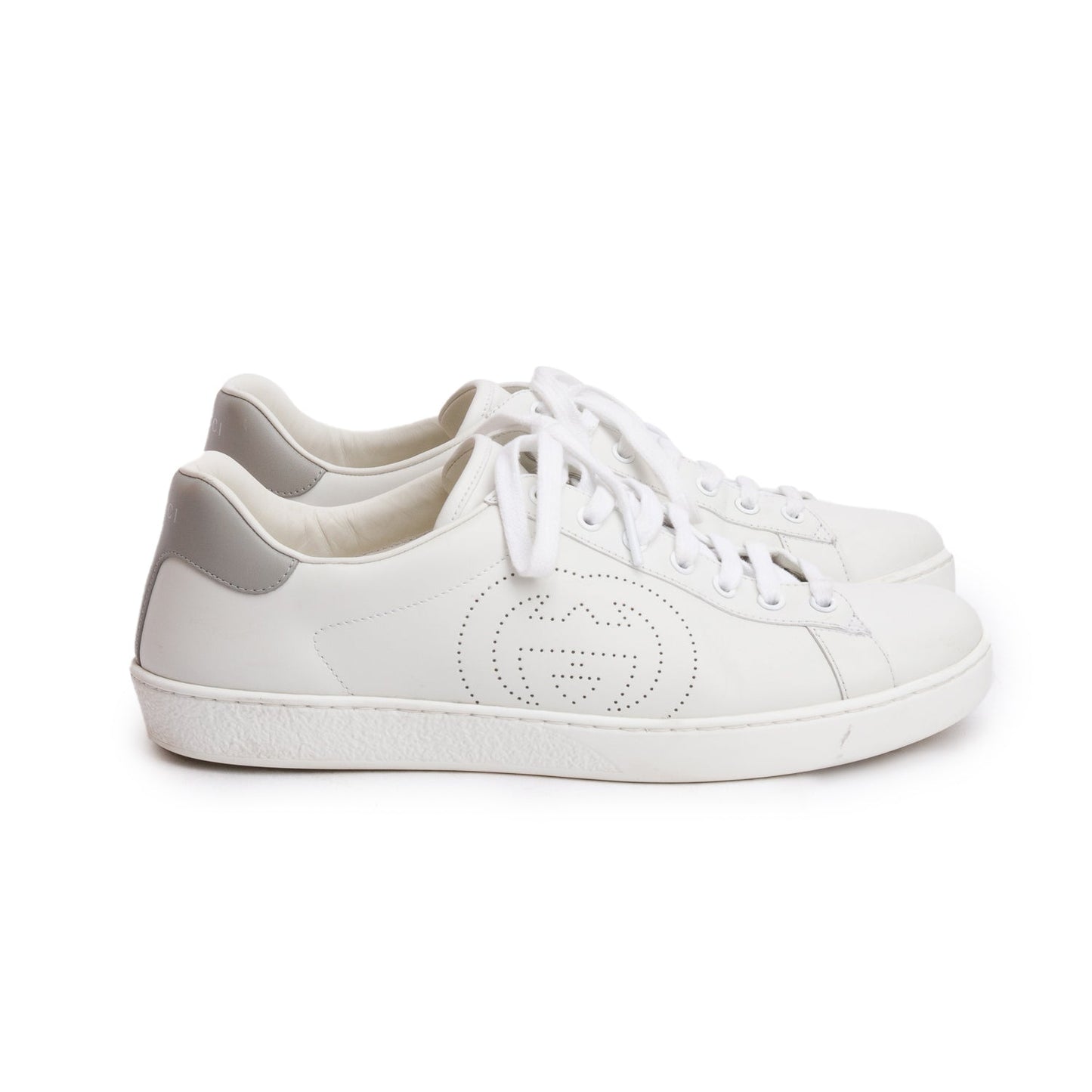Gucci White Leather Perforated  Interlocking G Men's Ace Sneakers, Size 9