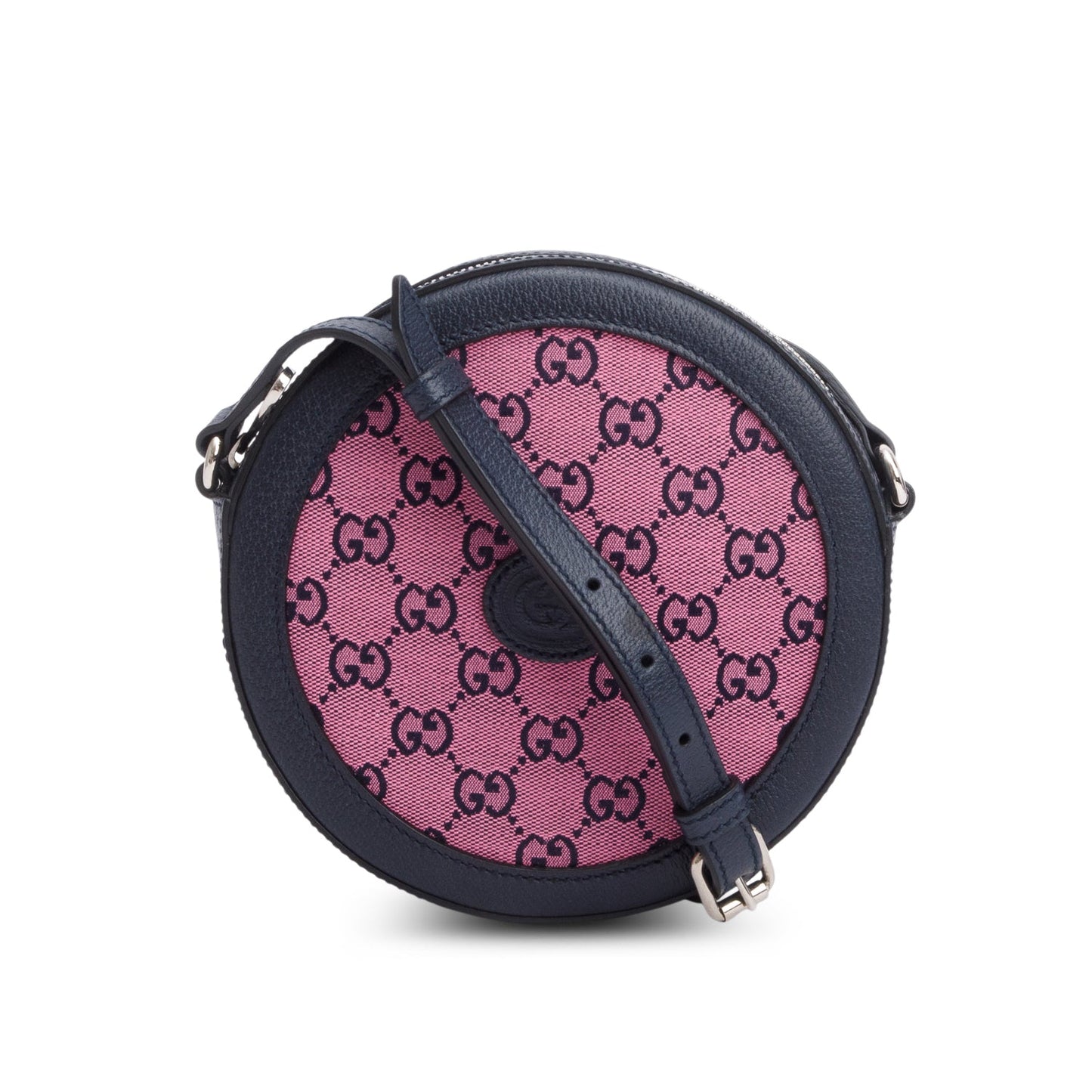 Gucci Pink GG Canvas Navy Leather Mini Round Crossbody Bag