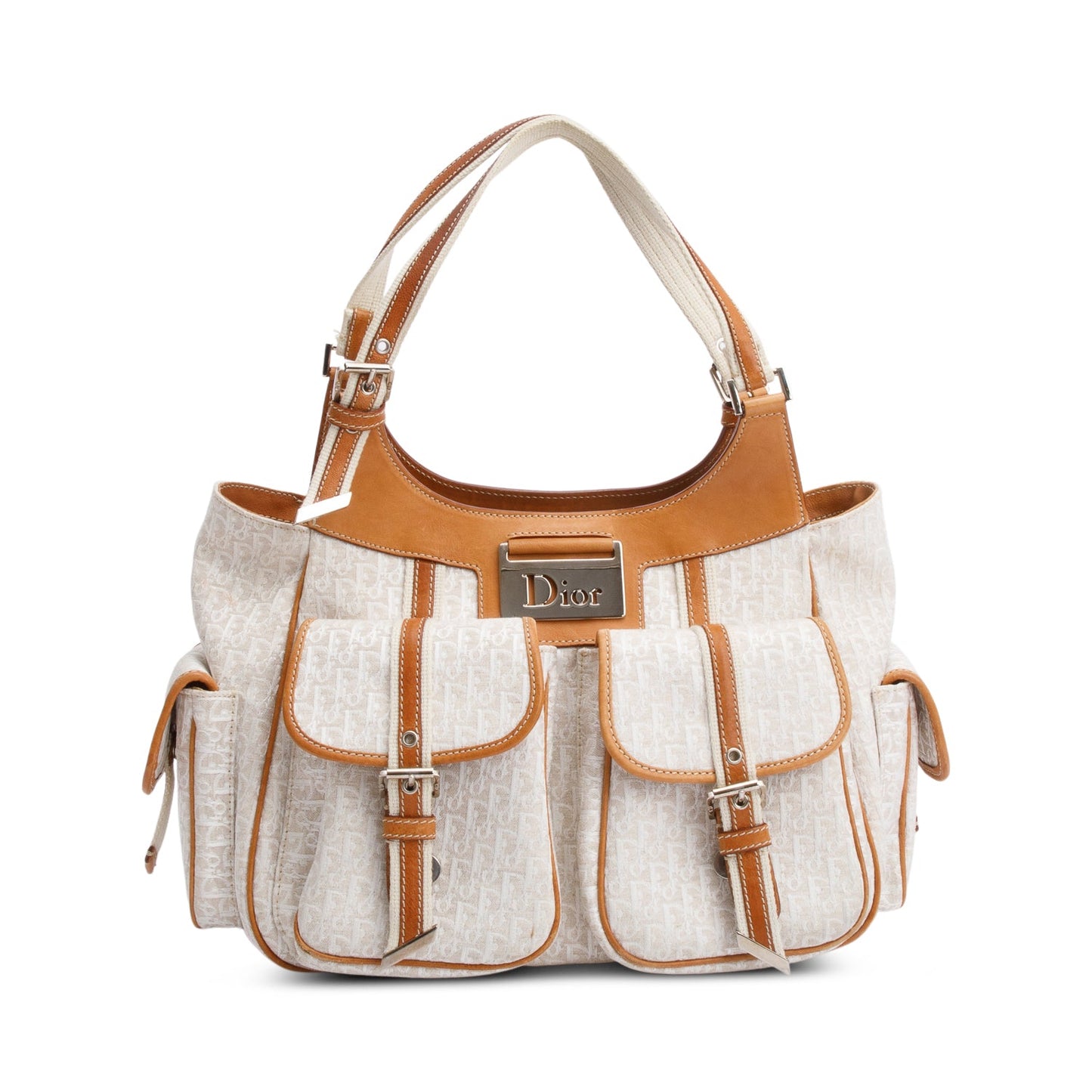 Christian Dior White Diorissimo Tan Leather Multi-Pocket Tote