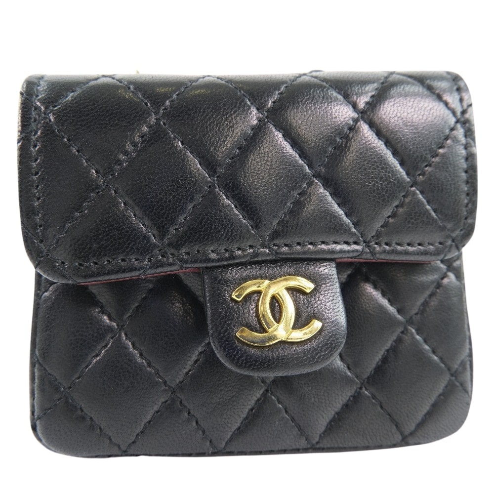 CHANEL Waist bag lambskin black Rare vintage Micro Matrasse Chain pochette Women