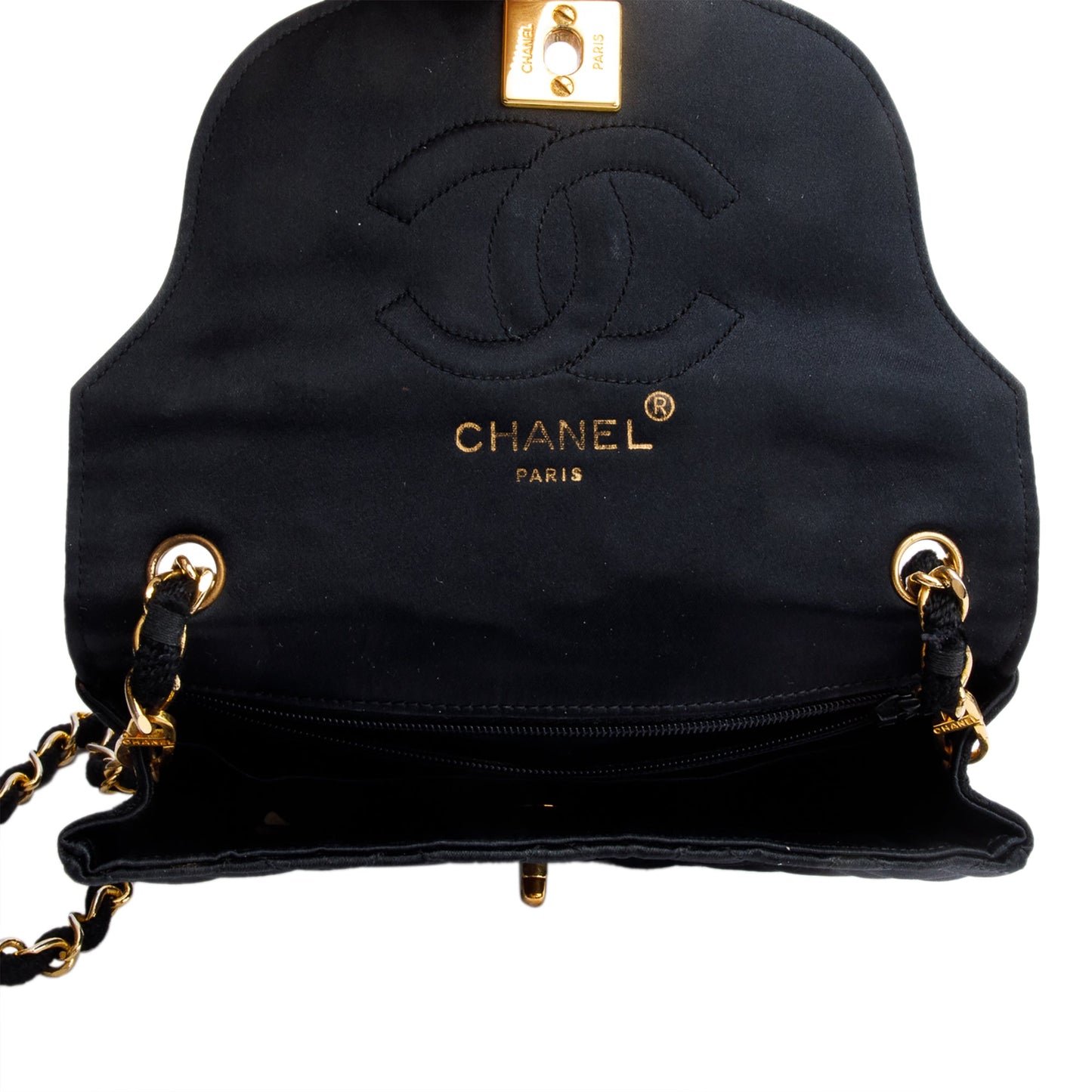 Chanel Vintage Black Quilted Satin Half Moon Flap Bag