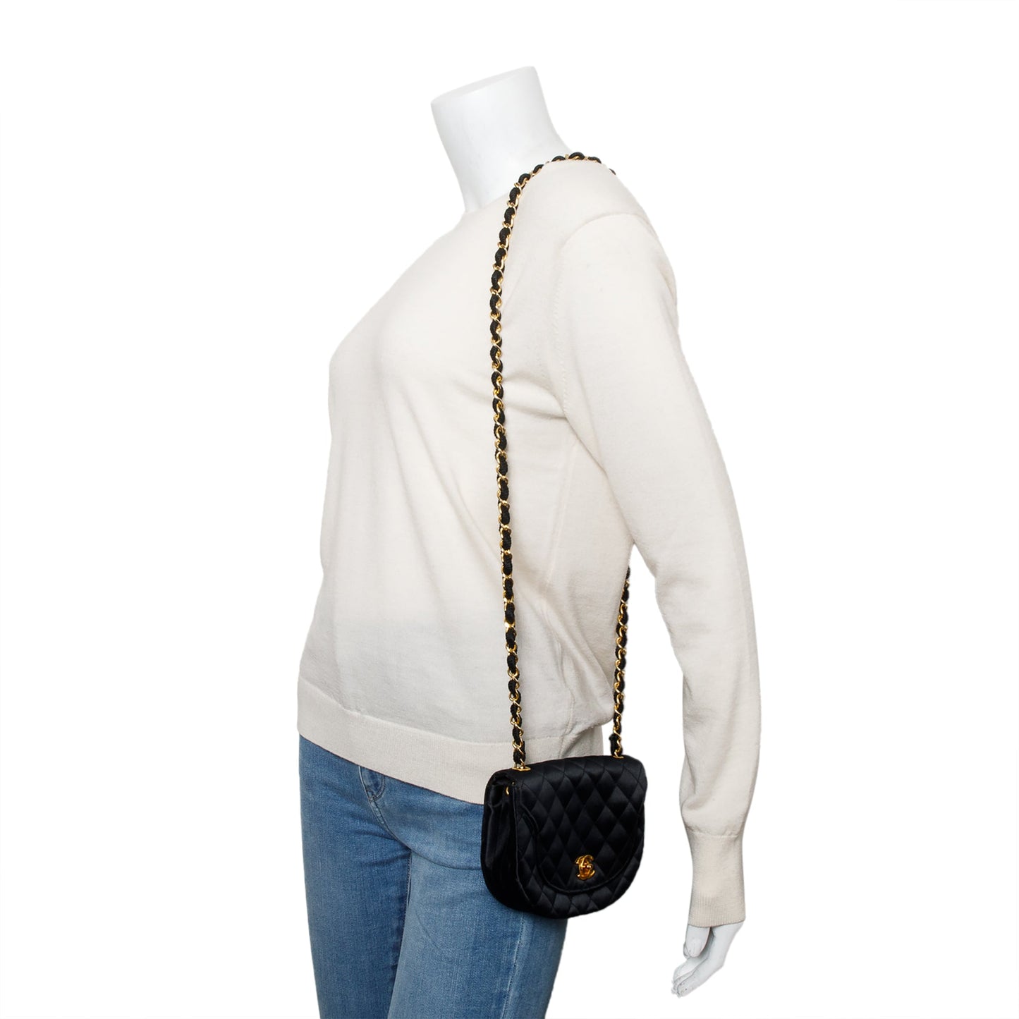 Chanel Vintage Black Quilted Satin Half Moon Flap Bag
