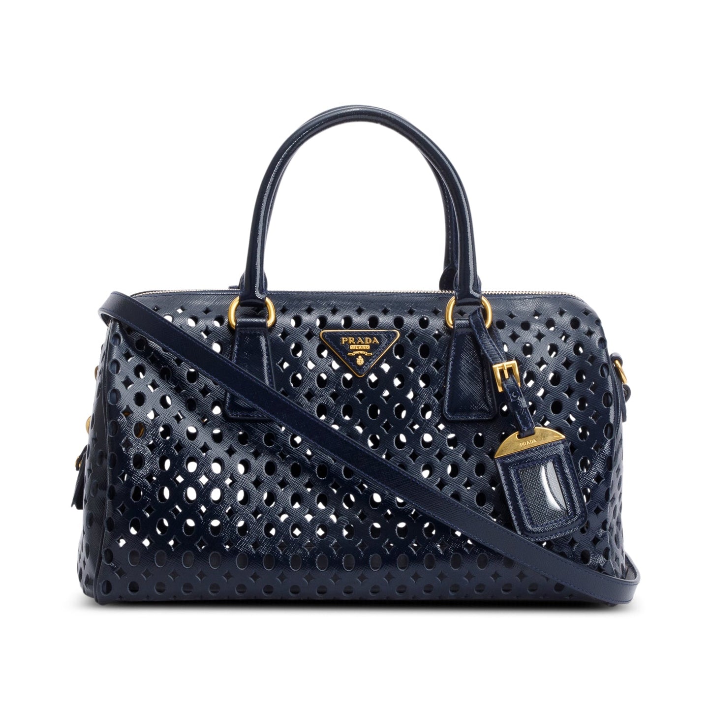 Prada Blue Saffiano Vernice Leather Fori Bauletto