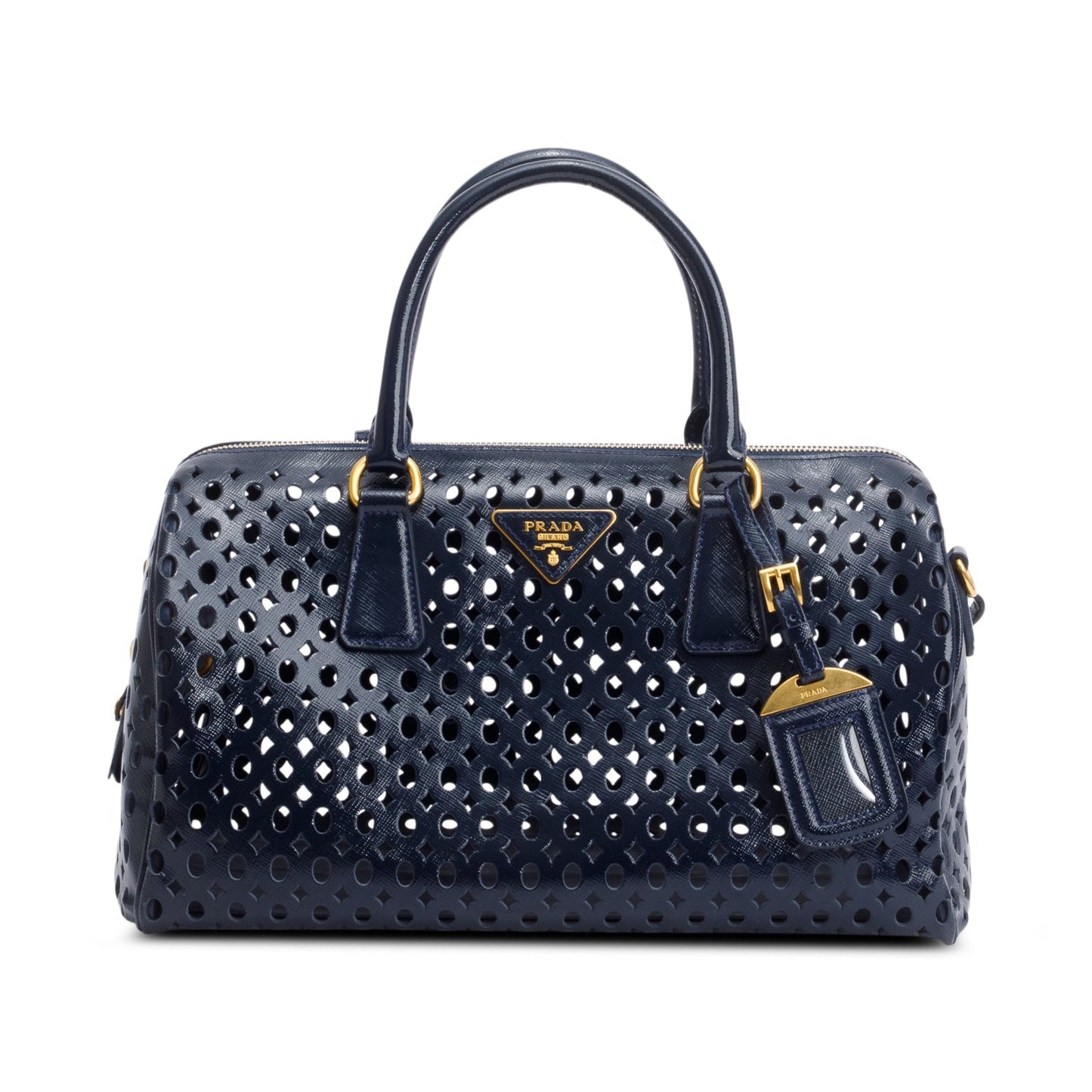 Prada Blue Saffiano Vernice Leather Fori Bauletto