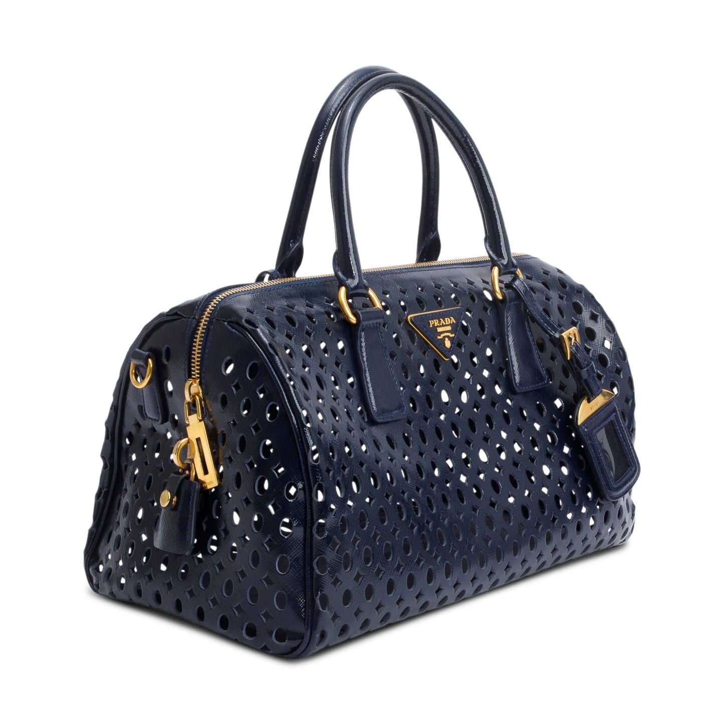 Prada Blue Saffiano Vernice Leather Fori Bauletto
